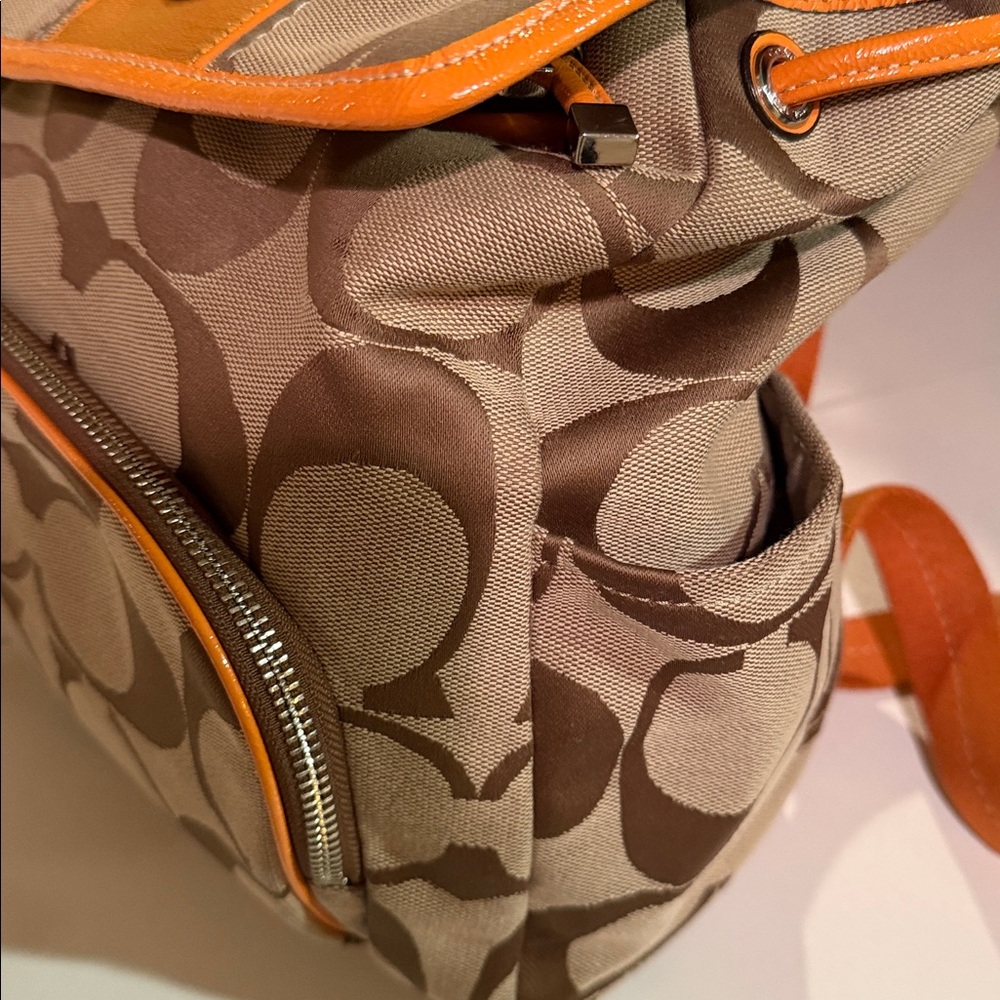 Coach signature fabric backpack w/orange patent leather trim Great condition! - Picture 6 of 9